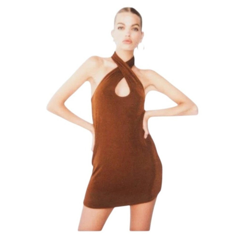 With Jean Halter Mini Dress Womens XXS Brown Keyhole Criss Cross Stretch